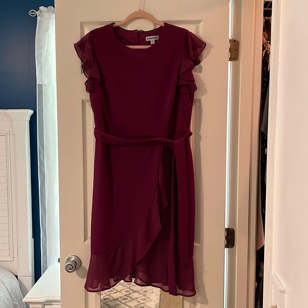 Shelby & Palmer dress. Size 16. Zip back. Ruffle trim. Burgundy fall dress.